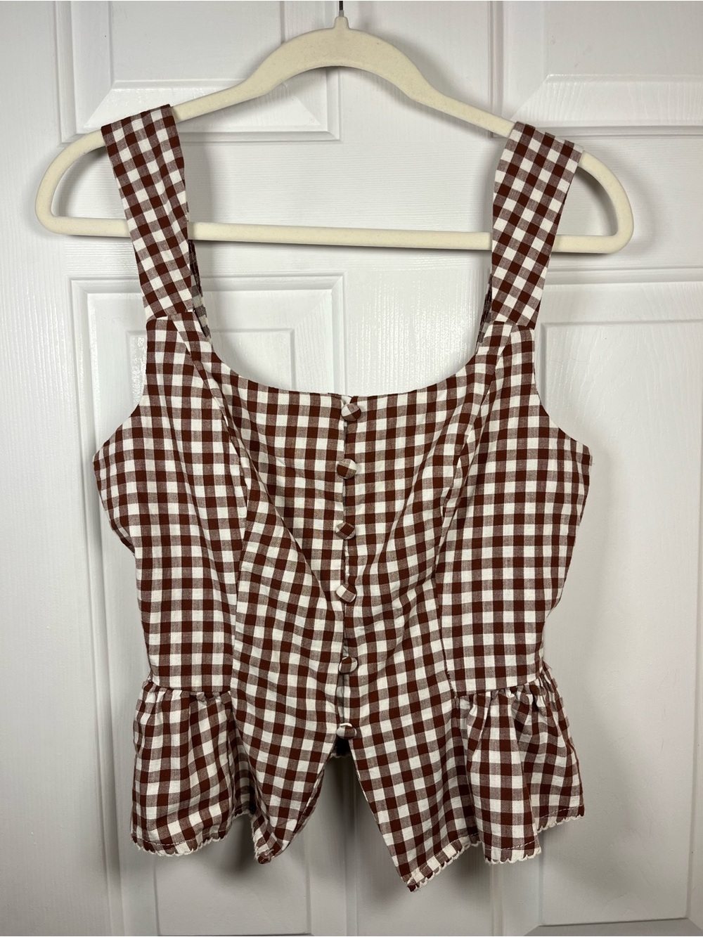 A New Day Brown and White Gingham Peplum Button-Front Top - Perfect for Fall